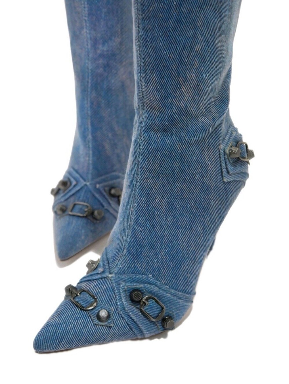 Denim Knee High Pointed Toe Stiletto Boots w Studs And Pin Buckle Strap Sz 8.5 - Picture 3 of 12